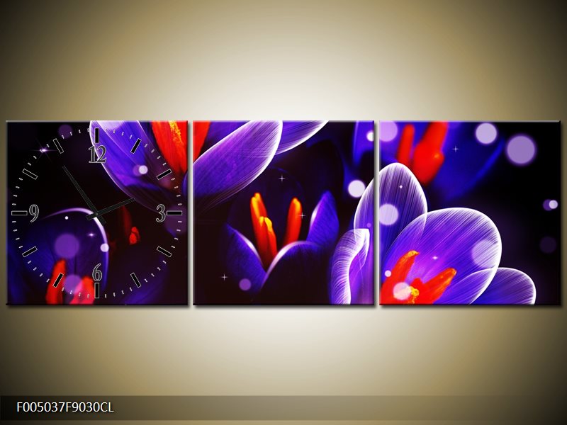 Moderní obraz s hodinami 90x30 cm třídílný, hodiny vlevo