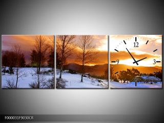 Moderní obraz s hodinami 90x30 cm třídílný, hodiny vpravo  KAF000031F9030CR